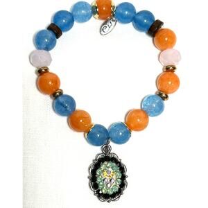 Vintage Marsala Glass Bead Bracelet Rhinestone Studded Charm Stretchy 7"